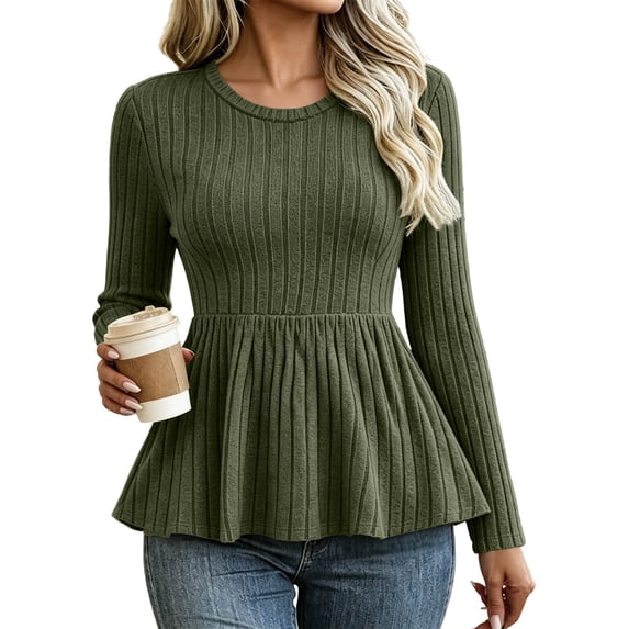 MaFYtyTPR Women's Ruffle Hem Sweater Tops Ribbed Knit Crew Neck Long Sleeve Peplum Top Slim Fit Solid Casual Pullover Sweaters