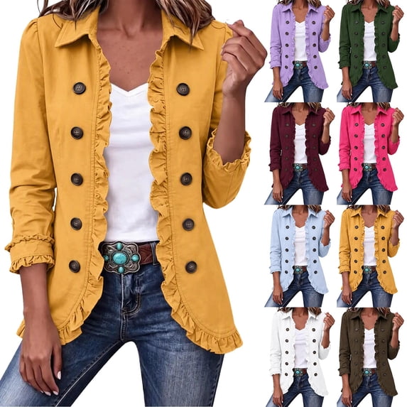 MaFYtyTPR Women's Ruffle Trim Jacket Double Breasted Collared Long Sleeve Open Front Lined Coat for Fall Winter Daily Wear Z-Purple XXXL