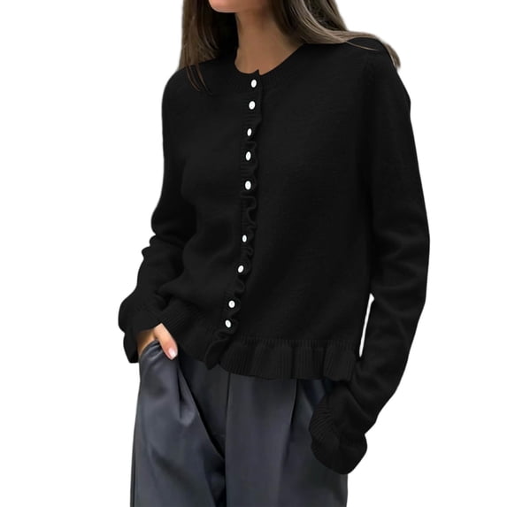 MaFYtyTPR Women's Ruffled Cardigan Sweater Button Down Long Sleeves Knit Tops Crew Neck Ruffle Knitted Cardigan Sweaters A-Black Free Size