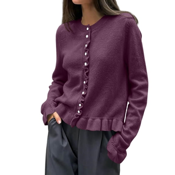 MaFYtyTPR Women's Ruffled Cardigan Sweater Button Down Long Sleeves Knit Tops Crew Neck Ruffle Knitted Cardigan Sweaters A-Wine Free Size