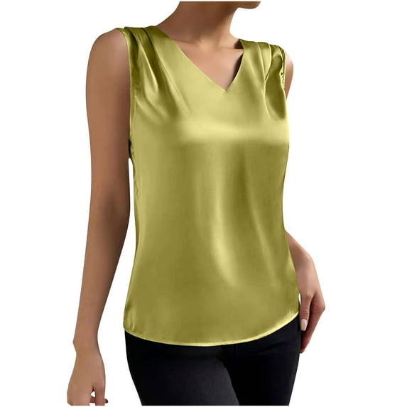MaFYtyTPR Women's Satin Sleeveless Tops Summer Ladies Casual Fashion Solid Color V-Neck Satin Tank Top A-Green S