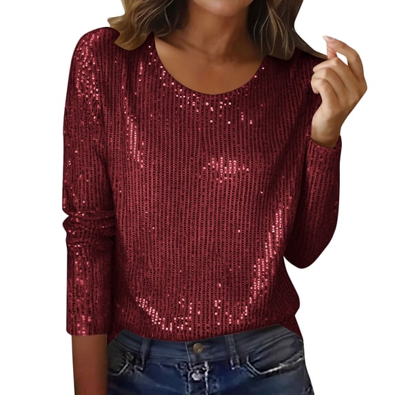 MaFYtyTPR Women's Sequin Tops Trendy Casual Round-Neck Long Sleeve Sparkly Blouse for Dressy Party Wine M