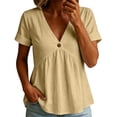 thumbnail image 1 of MaFYtyTPR Women's Short Sleeve Blouse V-Neck Cotton Linen Button Front Solid Color Loose Tops for Summer Casual Daily Wear Z-Beige L, 1 of 5