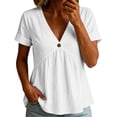thumbnail image 1 of MaFYtyTPR Women's Short Sleeve Blouse V-Neck Cotton Linen Button Front Solid Color Loose Tops for Summer Casual Daily Wear Z-White M, 1 of 5