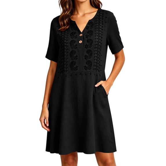 MaFYtyTPR Women's Short Sleeve Mini Dress Fashion Embroidered V-Neck Casual Linen Dress With Pockets For Summer Vacation Z-Black XL