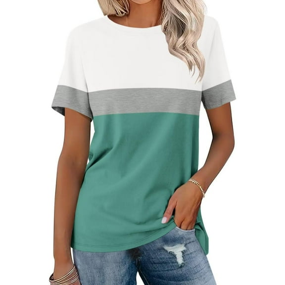 MaFYtyTPR Women's Short Sleeve Top Color Blocking Simplicity Casual Blouse Striped Printed T-shirt Round Neck Short Sleeve Shirt Green M