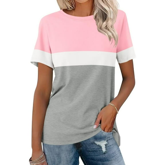 MaFYtyTPR Women's Short Sleeve Top Color Blocking Simplicity Casual Blouse Striped Printed T-shirt Round Neck Short Sleeve Shirt Light Pink S