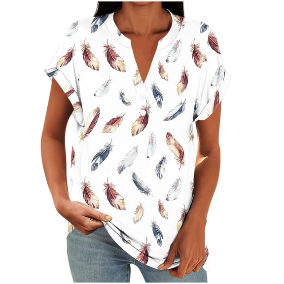 MaFYtyTPR Women's Short Sleeve Tops Fashion Casual Printed V-Neck Loose Raglan Sleeve Button Loose T-shirts White S