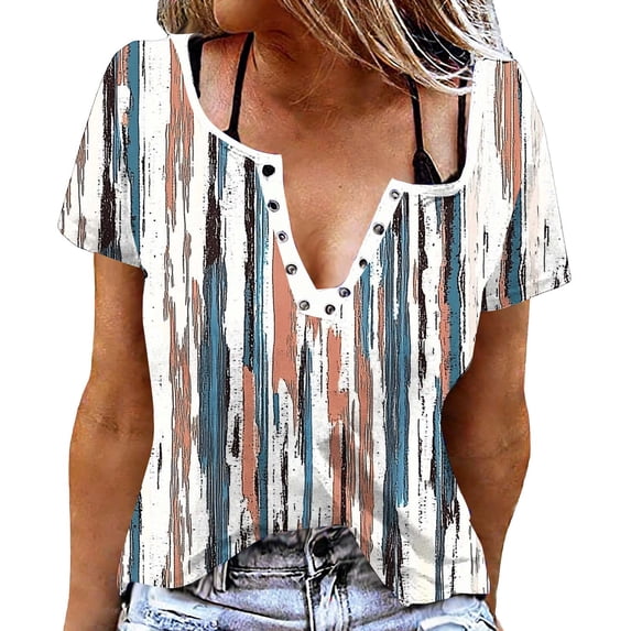 MaFYtyTPR Women's Short Sleeve Tops Trendy Casual Printed Loose Button-Up V-Neck Short Sleeve Women's T-shirts Khaki L