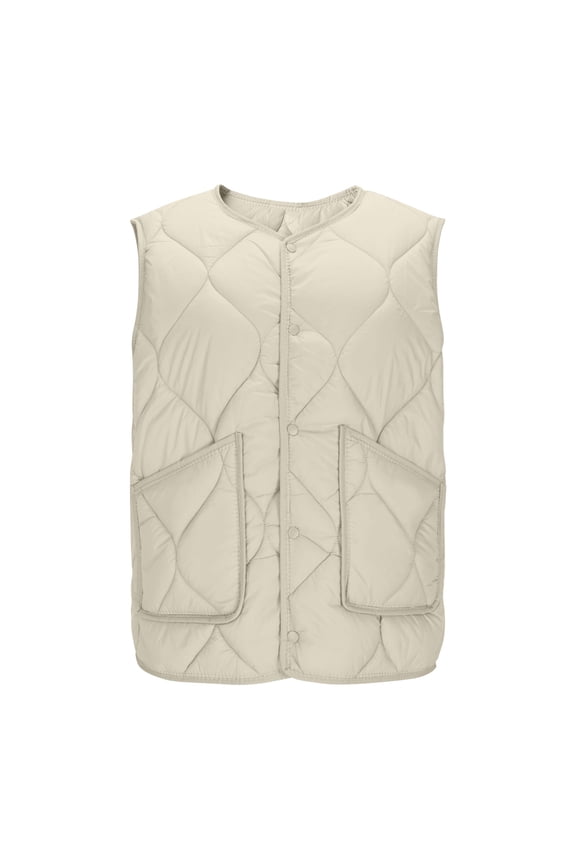 Women's Sleeveless Coats Fall Winter Solid Color Thick Warm Button Bottoming Vest Jacket for Duble Side Wear Beige S