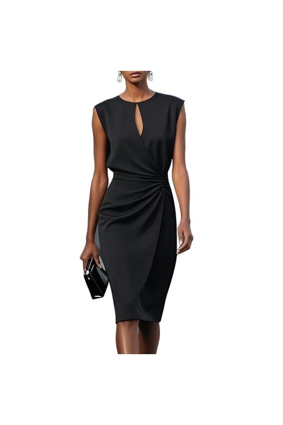Summer Dress for Women 2026 Trendy Ladies Solid Round Neck Pleated Slim Keyhole Knee Length Dresses Women's Sleeveless Dress Black XXL