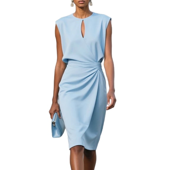 MaFYtyTPR Women's Sleeveless Dress Trendy Ladies Solid Round Neck Pleated Slim Keyhole Knee Length Dresses Light Blue L