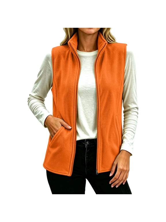 Women's Sleeveless Jackets Full Zip Fleece Stand Collar Vest Outwear With Pockets Winter Warm Zipper Waistcoat A-Orange XXL