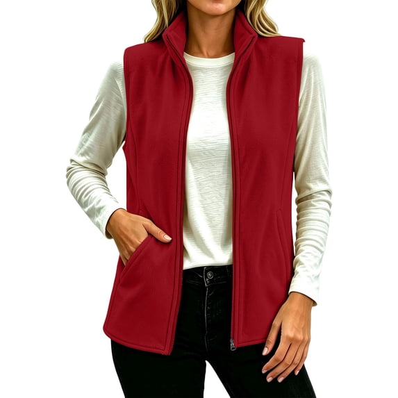 MaFYtyTPR Women's Sleeveless Jackets Full Zip Fleece Stand Collar Vest Outwear With Pockets Winter Warm Zipper Waistcoat A-Wine XXL
