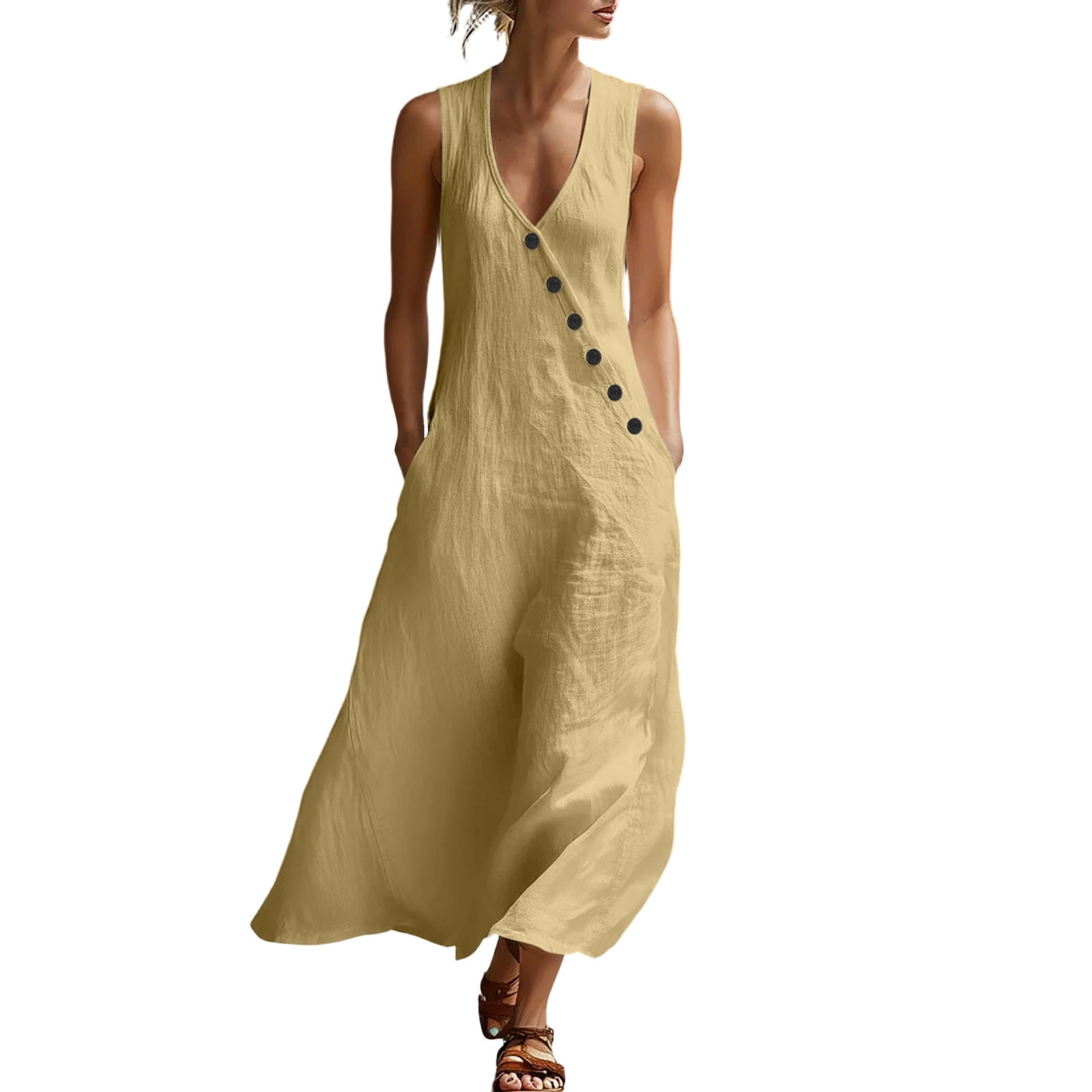 casual cotton dresses with pockets Casual Summer Loose Round Neck Cotton Pocket Dress Summer Women Clothes Q1061 L / White