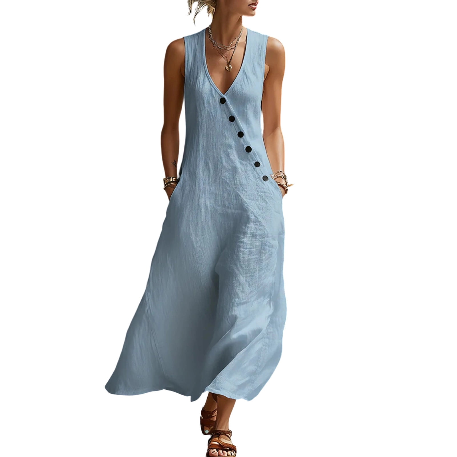sleeveless cotton long dress Women's Summer Cotton Linen Long Dress Sleeveless Elegant Flowy Dresses  Sleeveless Summer Dresses V Neck Casual Embroidery Print with  Pockets(Blue,M)