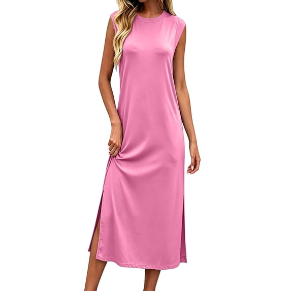 MaFYtyTPR Women's Sleeveless Midi Dress Crew Neck Casual Tank Dress with Pockets and Side Slit Loose Fit Summer Outfit for Daily Wear A-Watermelon Red XL
