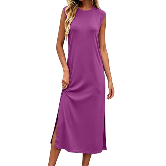 MaFYtyTPR Women's Sleeveless Midi Dress Crew Neck Casual Tank Dress with Pockets and Side Slit Loose Fit Summer Outfit for Daily Wear A-Pink S