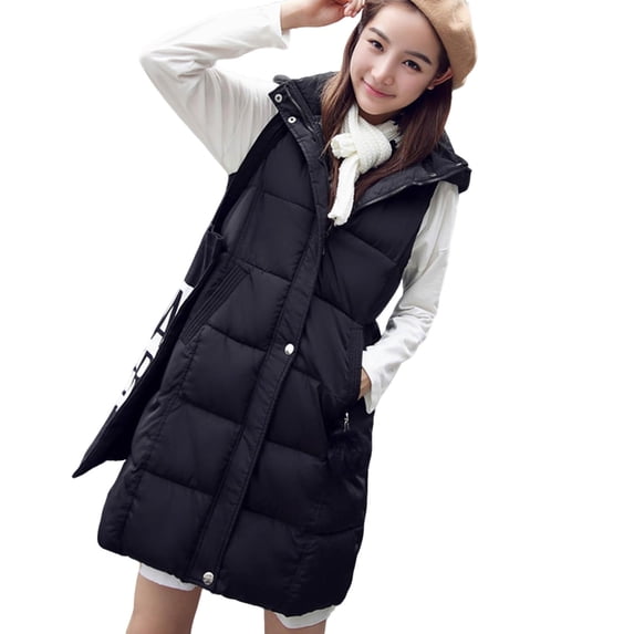 MaFYtyTPR Women's Sleeveless Puffer Coats Fashion Womens Long Plus Size Hooded Thermal Waistcoat Outwear Coat Black XXXL