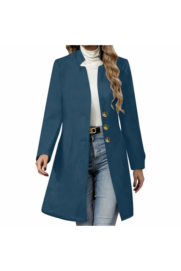 Women's Solid Casual Jackets Fashion Thicken Wool Stand Collar Inner Lining Pocket Breasted Pea Coat Blue S