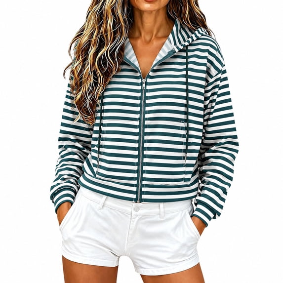 MaFYtyTPR Women's Striped Cropped Jackets Zip Up Hoodie Long Sleeve Casual Sweatshirt with Pockets Fashion Fall Short Coats Green L