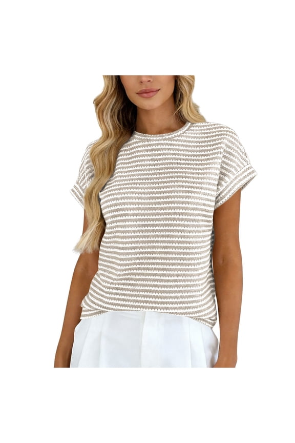 Women's Striped Kinted T-shirts Summer Fashion Casual Loose Solid Color Round Neck Blouse Women short Sleeve Tops Beige S