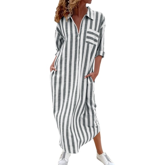 MaFYtyTPR Women's Striped Maxi Shirt Dress Collared V-Neck Long Sleeve Button Down Loose Long Dresses with Pockets for Daily Wear A-Gray XXL
