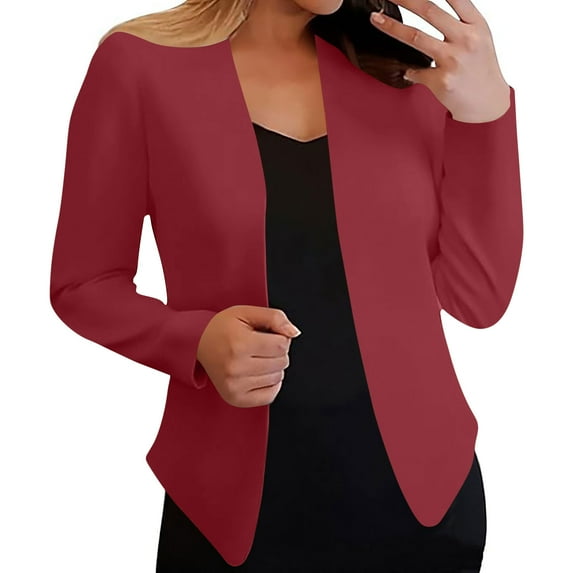 MaFYtyTPR Women's Suit Jacket Tops Fashion Ladies Solid Color Long Sleeved V-neck Casual Work Office Tops Wine XL