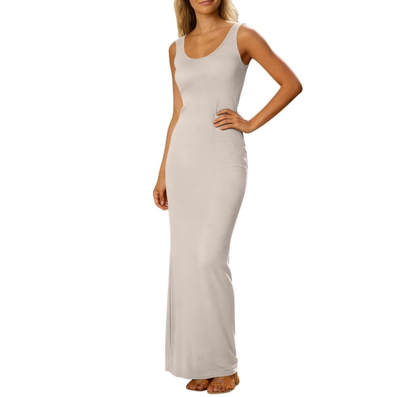 MaFYtyTPR Women's Summer Dress Crew Neckline Long Solid Color Sleeveless Slim Tank Dresses for Vacation A-Gray L