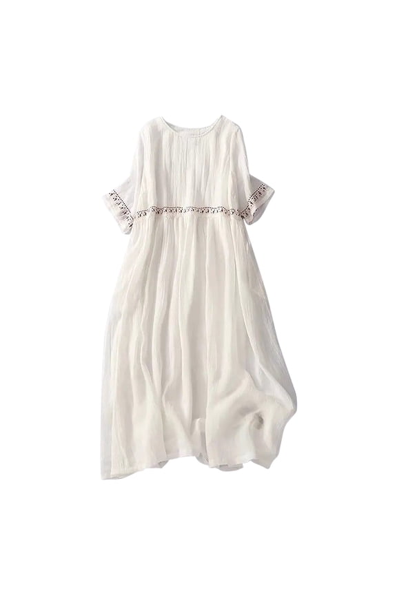Women's Summer Linen Dress Ladies' Loose Casual Solid Color Flax Embroidered Short Sleeved Round Neck Dresses White XXXXL