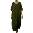 thumbnail image 1 of MaFYtyTPR Women's Summer Loose Dress Casual Round Neck Solid Color Short Sleeve Cotton Linen Long Dress Army Green L, 1 of 5