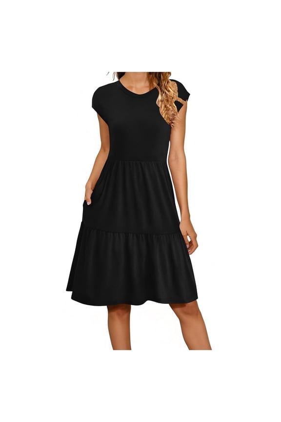 Women's Summer Loose Dress Fashion Solid Color Short Sleeve Round Neck Simple Style Maxi Dresses Black XXL