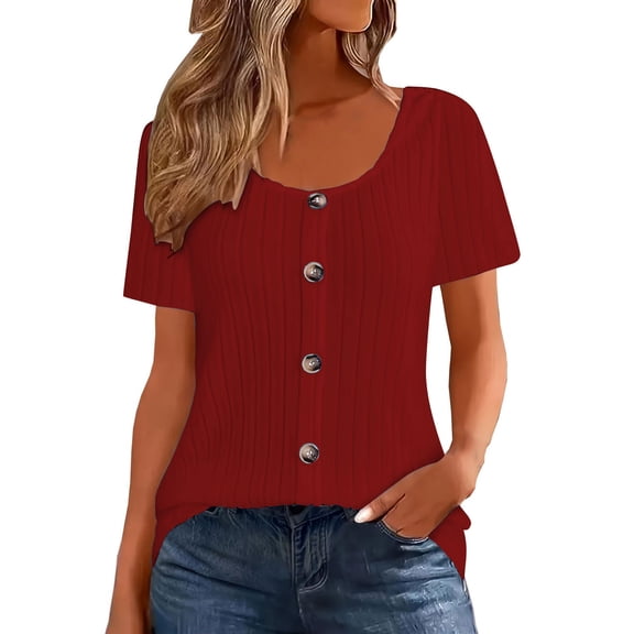 MaFYtyTPR Women's Summer Loose Tops Casual Solid Color Crew Neck Button Striped Short Sleeved Blouse Red M
