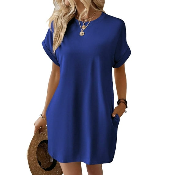 MaFYtyTPR Women's Summer T-Shirt Dresses Casual Fashion Crew Neck Rolled Short-Sleeve Loose Solid Color Dress Blue L