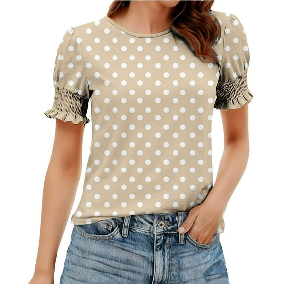MaFYtyTPR Women's Summer Tops Fashion Polka Dot Printed Short Sleeve Crew Neck Loose Lace Sleeve Blouse Khaki M
