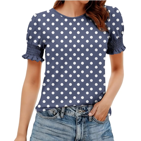 MaFYtyTPR Women's Summer Tops Fashion Polka Dot Printed Short Sleeve Crew Neck Loose Lace Sleeve Blouse Navy M