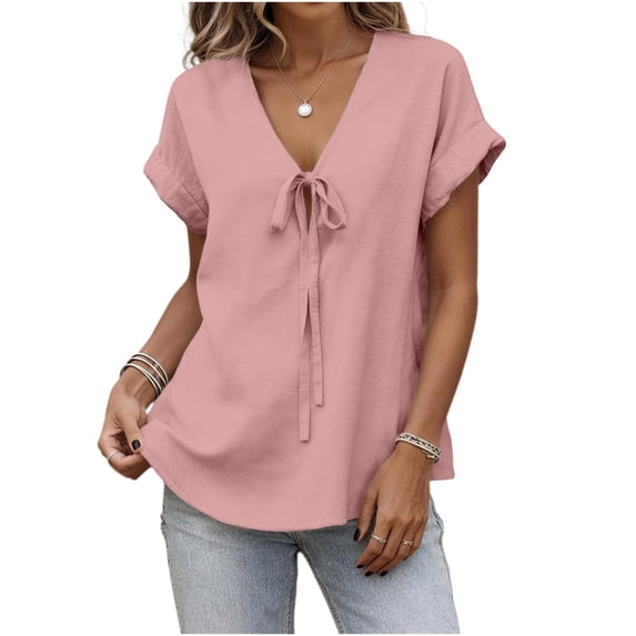 MaFYtyTPR Women's Summer V-Neck Blouse Fashion Solid Color Short Sleeve Tie Front Loose Fit Casual Tops A-Pink S