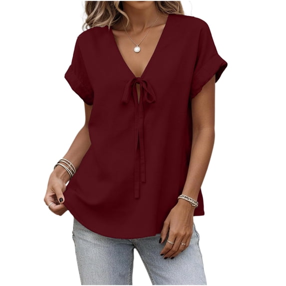 MaFYtyTPR Women's Summer V-Neck Blouse Fashion Solid Color Short Sleeve Tie Front Loose Fit Casual Tops A-Wine XL