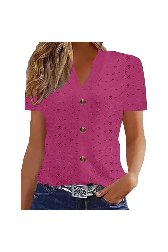 Women's Summer V-Neck Tops Fashion Twisted Button Solid Color Casual Loose Short Sleeved T-Shirts Hot Pink XXL