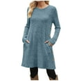 thumbnail image 1 of MaFYtyTPR Women's Sweater Dress Fashion Solid Color Round Neck Side Decorative Buckle With Pockets Long Sleeved Knee-length Skirts Blue XL, 1 of 5