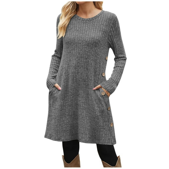 MaFYtyTPR Women's Sweater Dress Fashion Solid Color Round Neck Side Decorative Buckle With Pockets Long Sleeved Knee-length Skirts Gray XL