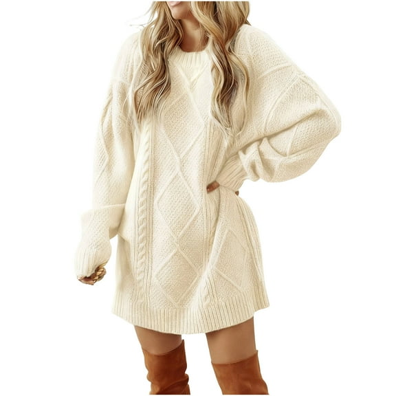 MaFYtyTPR Women's Sweater Dresses Fashion Women Winter Round-Neck Casual Solid Color Knit Long Sleeve Warm Dress Beige L