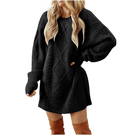 MaFYtyTPR Women's Sweater Dresses Fashion Women Winter Round-Neck Casual Solid Color Knit Long Sleeve Warm Dress Black L