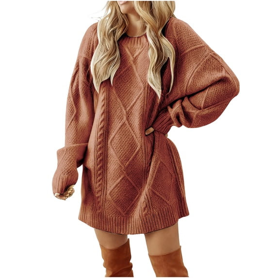 MaFYtyTPR Women's Sweater Dresses Fashion Women Winter Round-Neck Casual Solid Color Knit Long Sleeve Warm Dress Orange S