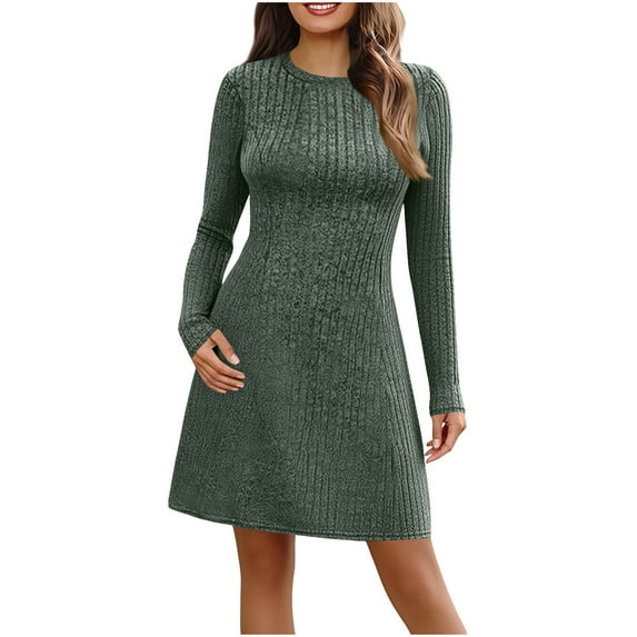 MaFYtyTPR Women's Sweater Dresses For Fall 2025 Fashion Solid Color Long Sleeved Round Neck Knitted Casual Long Skirts Army Green L