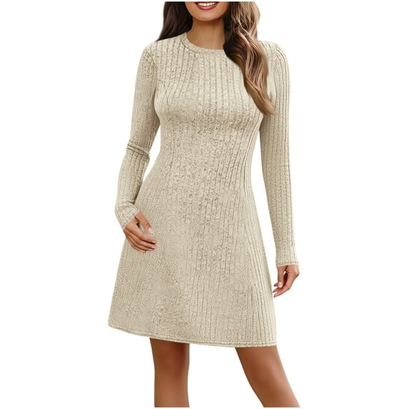 MaFYtyTPR Women's Sweater Dresses For Fall 2025 Fashion Solid Color Long Sleeved Round Neck Knitted Casual Long Skirts Beige XXL