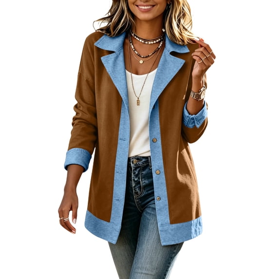 MaFYtyTPR Women's Sweatshirt Jacket with Denim Patchwork Long Sleeve Collared Button-Front Jackets Fall Winter Casual Outerwear B-Brown S