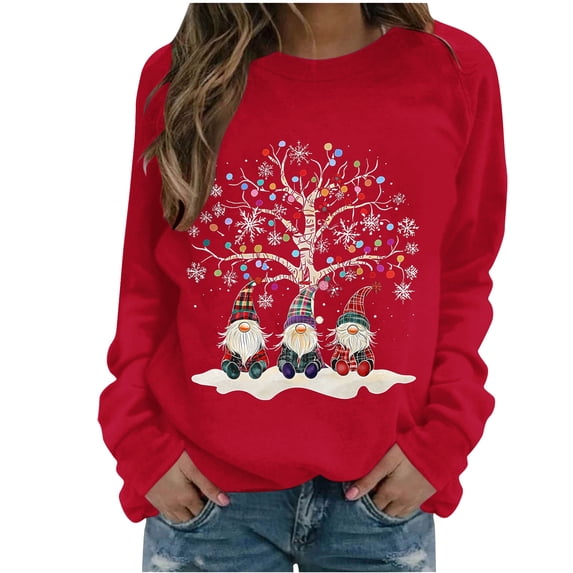 MaFYtyTPR Women's Sweatshirts Christmas Printed Casual Fashion Loose T-Shirt Blouse Round Neck Long Sleeve Loose Top Red S