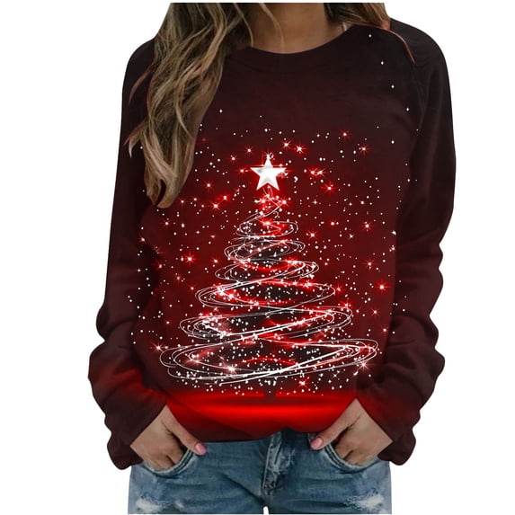MaFYtyTPR Women's Sweatshirts Christmas Printed Casual Fashion Loose T-Shirt Blouse Round Neck Long Sleeve Loose Top Wine L