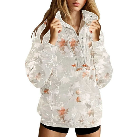 MaFYtyTPR Women's Sweatshirts Trendy 2025 Fall Ladies Long Sleeve Stand Collar Button Pullover Sweatshirt Tops Beige L